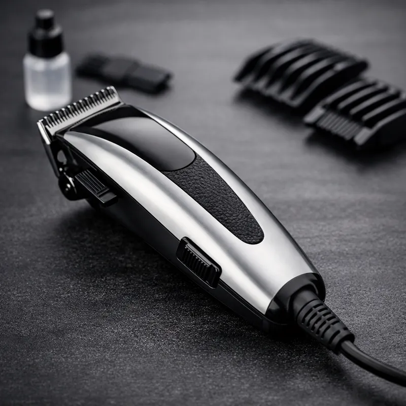 Hair clippers with guards on a barbershop surface: tools for an at-home induction cut