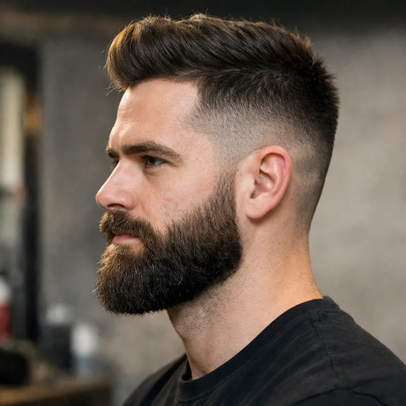Man with short hair and defined beard: strong pairing idea for an induction cut
